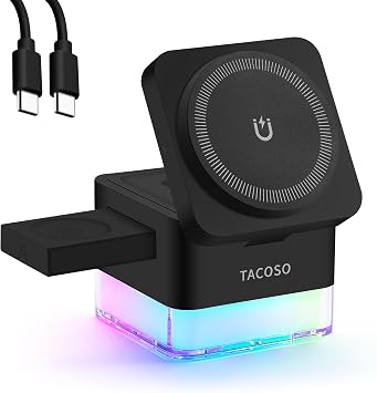 15W Wireless Charger 3-in-1 Apple Charging Station with Night Light | Magnetic Charger, Foldable Cube Design for iPhone, Watch & AirPods, Portable Charging Dock for Desk, Home & Travel, Black