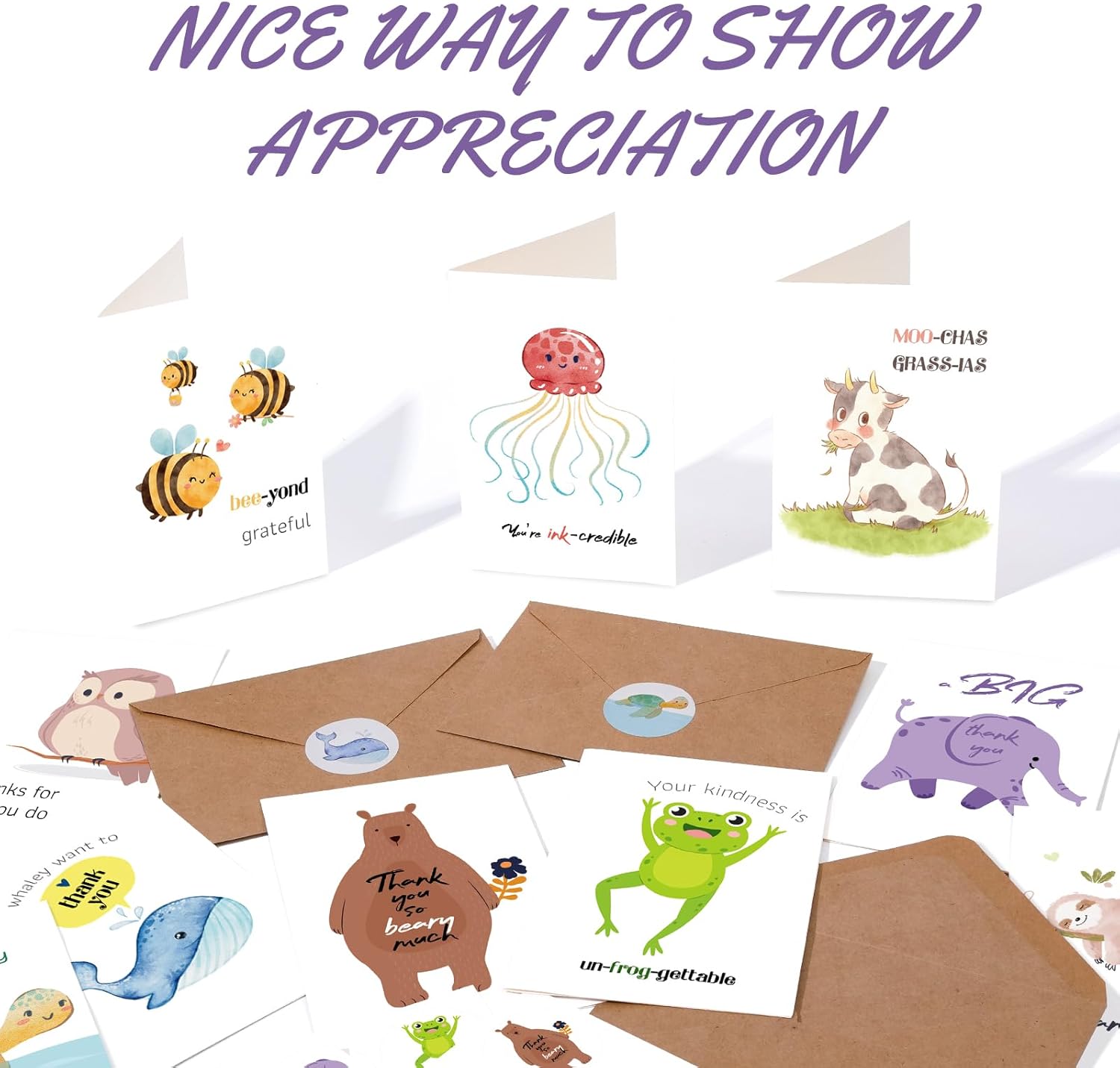 Premium Funny Thank You Cards with Envelopes & Stickers, 4×6 in Cute Animal Pun Cards Assorted Blank Greeting Cards, Boxed Bulk Note Postcard for Kids Student Teachers Business Employee 20Pcs - Image 3