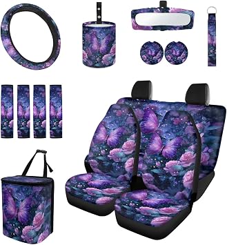 Purple Rose Butterfly 15 PCS Car Seat Cover Set with Auto Steering Wheel Cover Seat Belt Strap Protector Cup Holder Trash Bag Rear View Mirror Protector Keychain