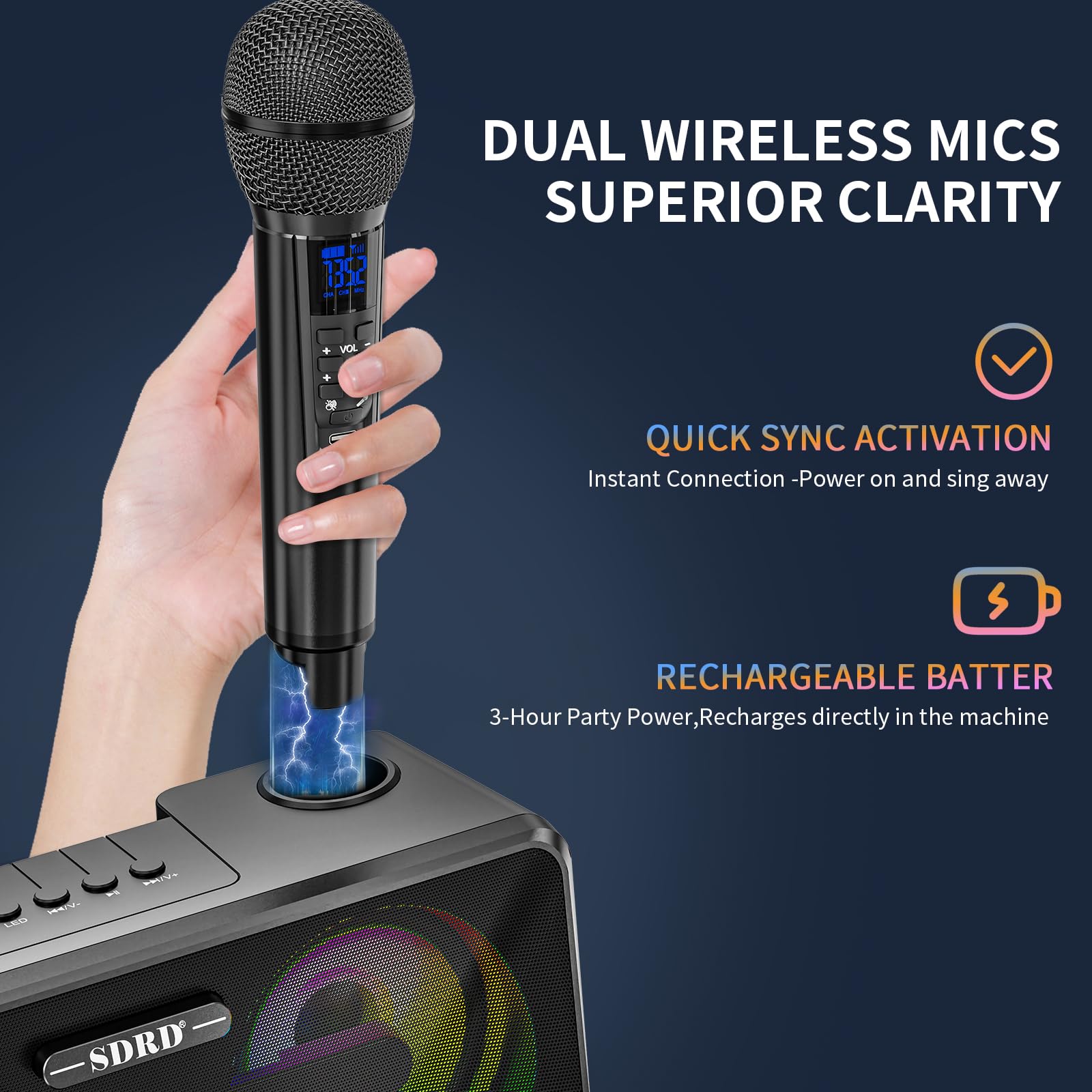 Maszyna do karaoke dla dorosłych i dzieci, 2 mikrofony UHF, głośniki Bluetooth, system PA z lampami, uchwyt na telefon, idealna na imprezę, piknik,