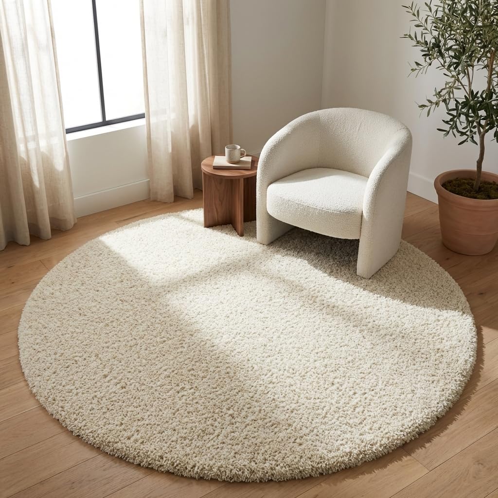 3x3 feet - luxury fluffy shaggy polyester carpet for living room bedroom & kids room | thick pile plush area rug | soft modern fur floor carpet – (ivory, round, 3x3 feet)