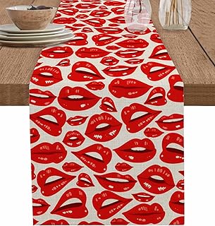 Valentines Day Table Runners 72 Inches Long, Coffee Table Runner, Beige Red Lips Love Kiss Vintage Farmhouse Tablerunners Decorative Dress Scarves for Kitchen Island/Dining Table 13"x72"