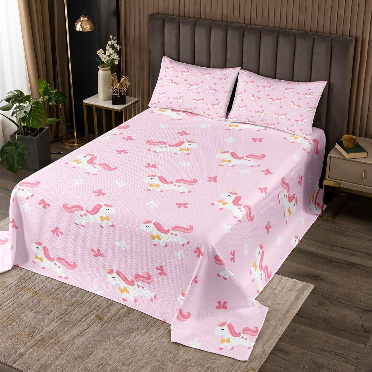 Homewish Pink Unicorn Bedspread Queen Size,Cute Animals Bedding Sets for Kids Girls Boys Teens Adult Room Decor,Sweet Cartoon Bowknot Comforter Set Dreamy Princess Style Quilt Set,2 Pillowcases