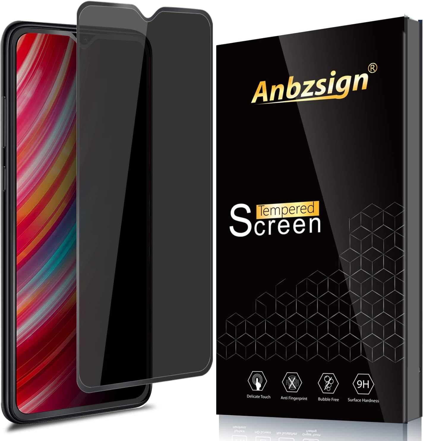 Anbzsign [2 Pack] Xiaomi Redmi Note 8 Pro 6.53" Privacy Screen Protector, [Full Coverage] [Case Friendly] [Super Clear] Anti-Spy 9H Hardness Tempered Glass