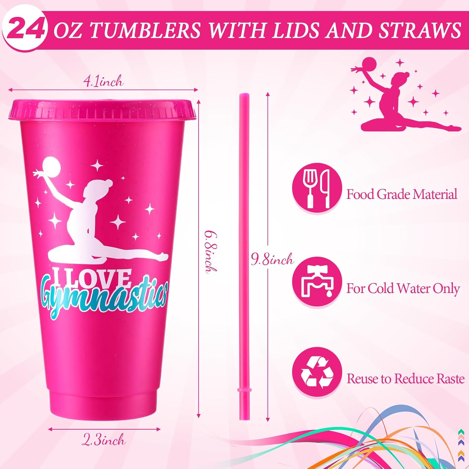 Nuogo 24 Pcs Gymnastics Party Favor Plastic Cups with Lids and Straws,24 oz Gymnastics Tumbler Cup Gymnastics Gifts for Adult Women Girl(Bright Colors)