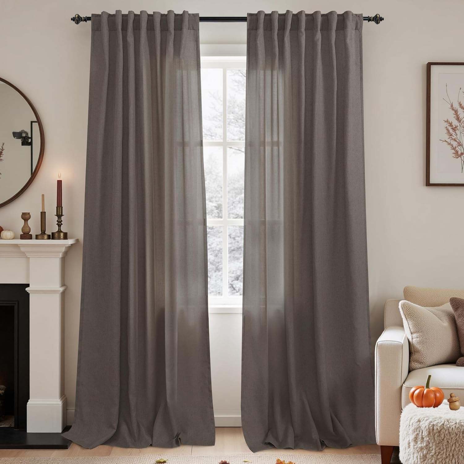 KOUFALL 52x90 Inch Length Brown Back Tab Rod Pocket Linen Sheer Curtains for Living Room