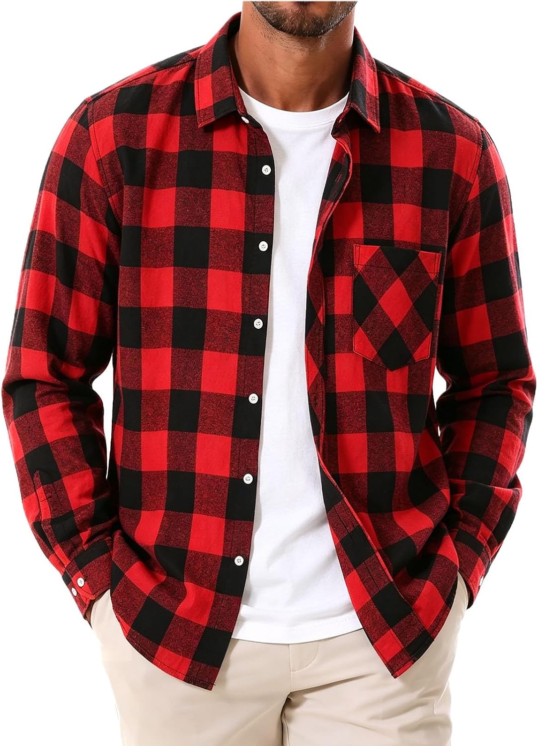 Plaid Flannel Shirt Men Collared Long Sleeve Button Down Shirts with Pocket