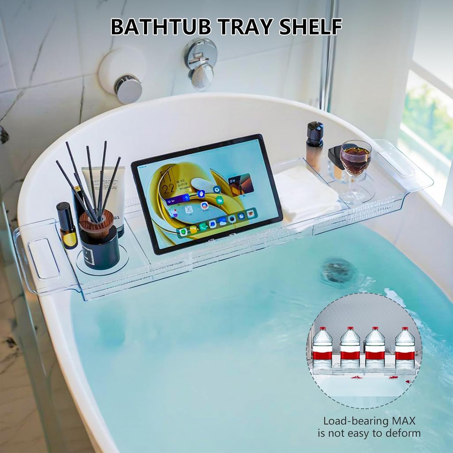 Adjustable Bathtub Tray (22-31 Inch) - Clear Acrylic Bath Caddy with Non-Slip Pads, Expandable Spa Organizer for Drinks, Books & Phone, Ideal Gift for Housewarming or Anniversary