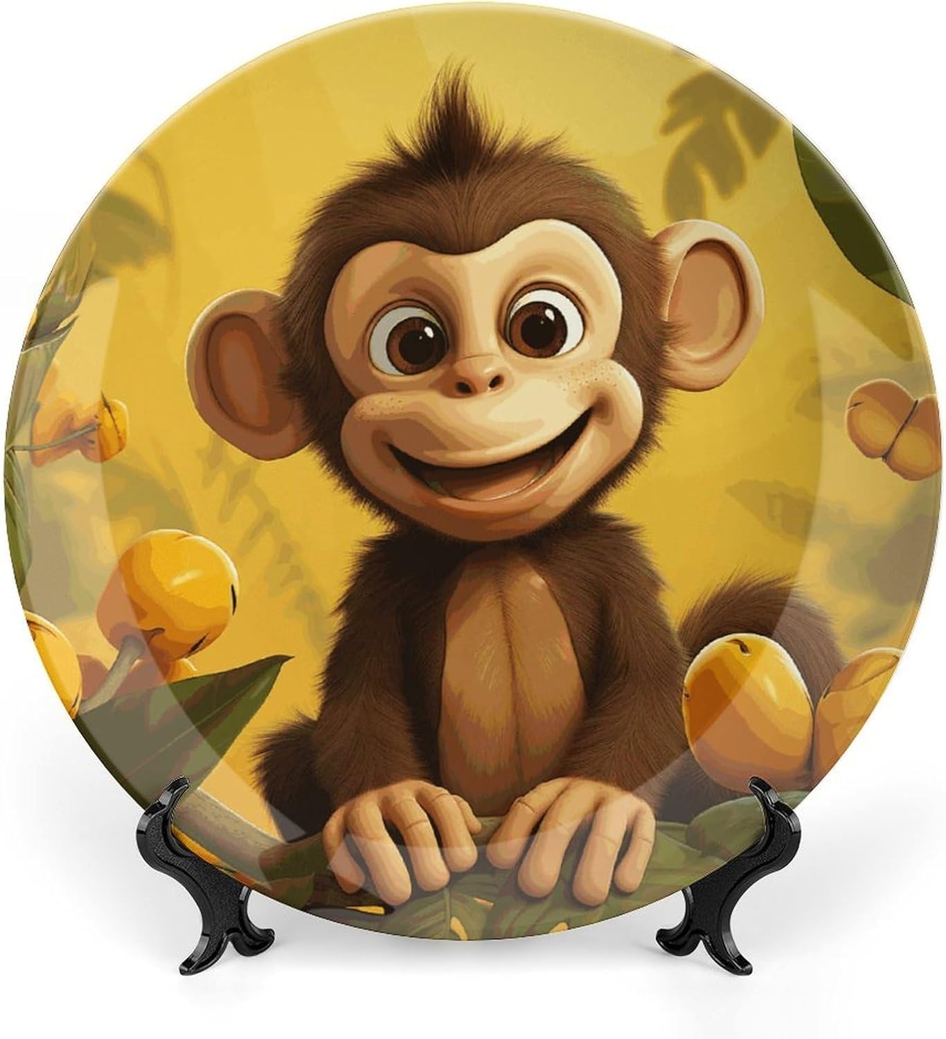 Cute Funny Animal Monkey Banana Decorative Ceramic Plate Personalized Bone China Decorative Plate Round Porcelain Plates with Display Stand Cabinet Display Plates for Home Decor 10inch