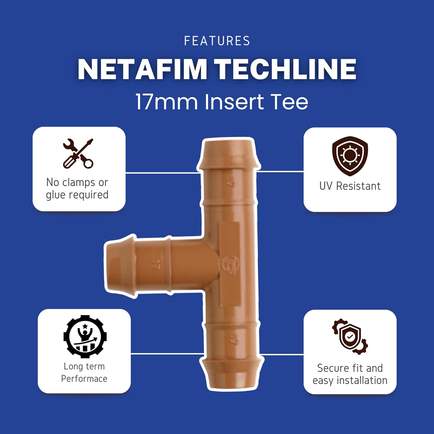 Netafim Techline 17mm Insert Tee – Durable 3-Way Fitting for Drip Irrigation Systems | For hose sizes for 17mm: 0.56"-0.60" ID | 00135-000860 | TLTEE (100)