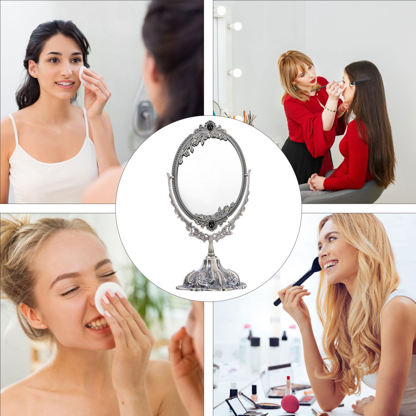 TOYANDONA Specchio da Toeletta Decorativo Retrò in Metallo con Supporto Girevole, Specchio Cosmetico Portatile a Doppia Faccia per Uso Indoor e Regali