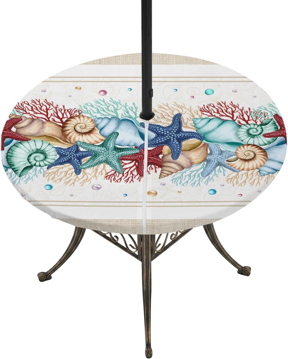 Blue Starfish Beach Waterproof Outdoor Tablecloth with Umbrella Hole and Zipper,Round Fitted Table Covers with Elastic,Summer Coral Conch Coastal Retro Beige Patio Table Cloth Fits 36"-44" Tables image 2