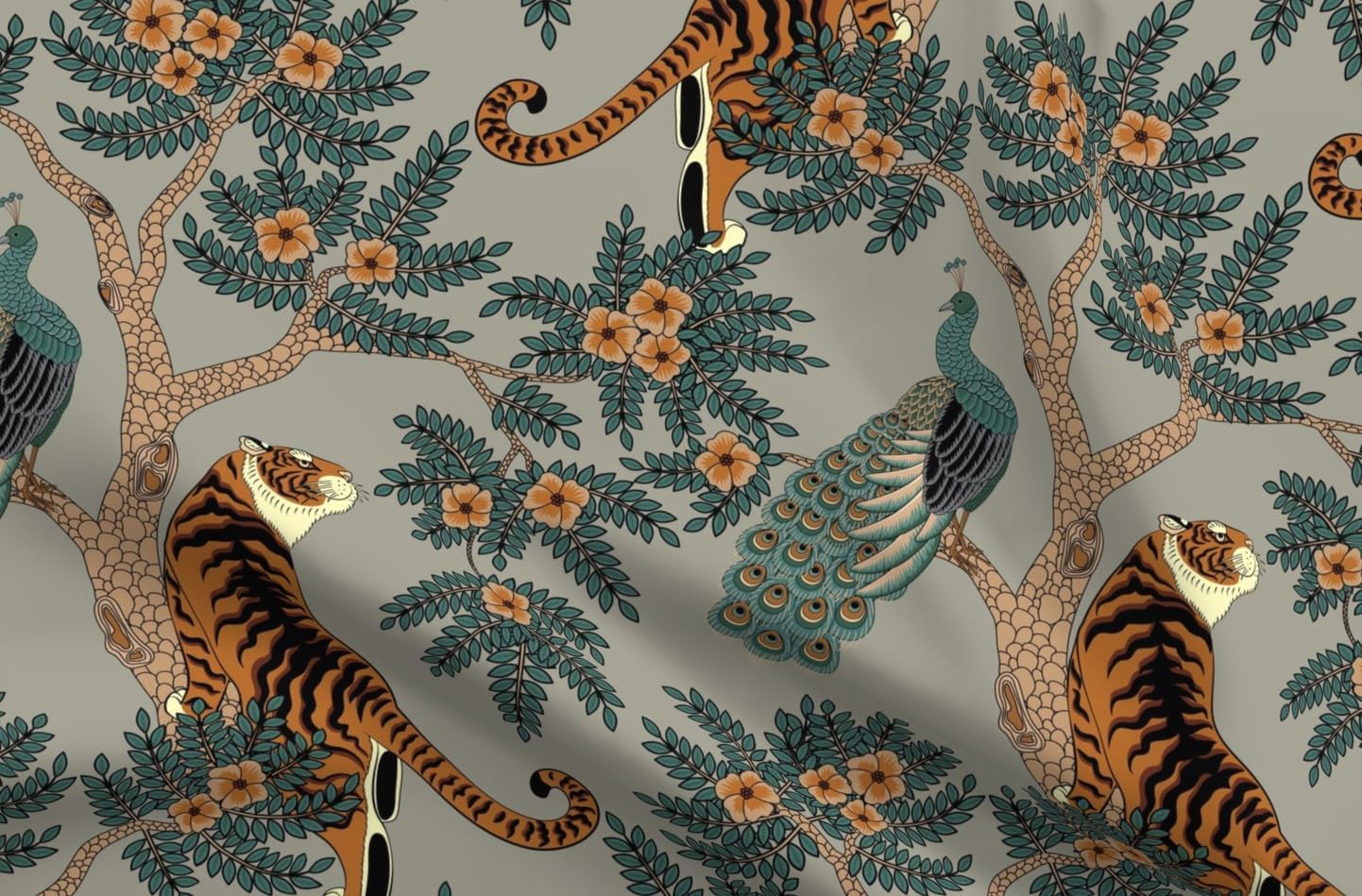 Spoonflower Fabric - Tiger Chinoiserie Bengal Peacock Asian Inspired Brown Romantic Floral Printed on Petal Cotton Fabric Fat Quarter - Sewing Quilting Apparel Crafts Decor
