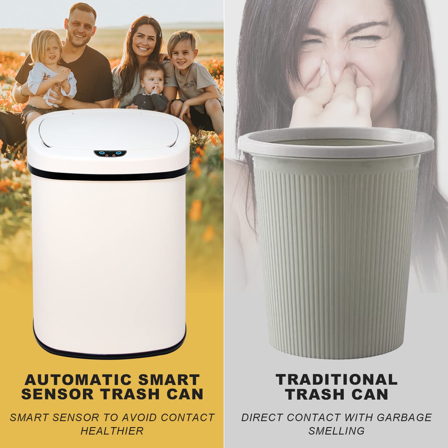 HCY Kitchen Trash Can 13 Gallon Automatic Metal Garbage Can Stainless Steel Waste Bin with Lid Smart for Kitchen,Office,Living Room,Bathroom(White), 16'(L)x11'(W)x25(H)'