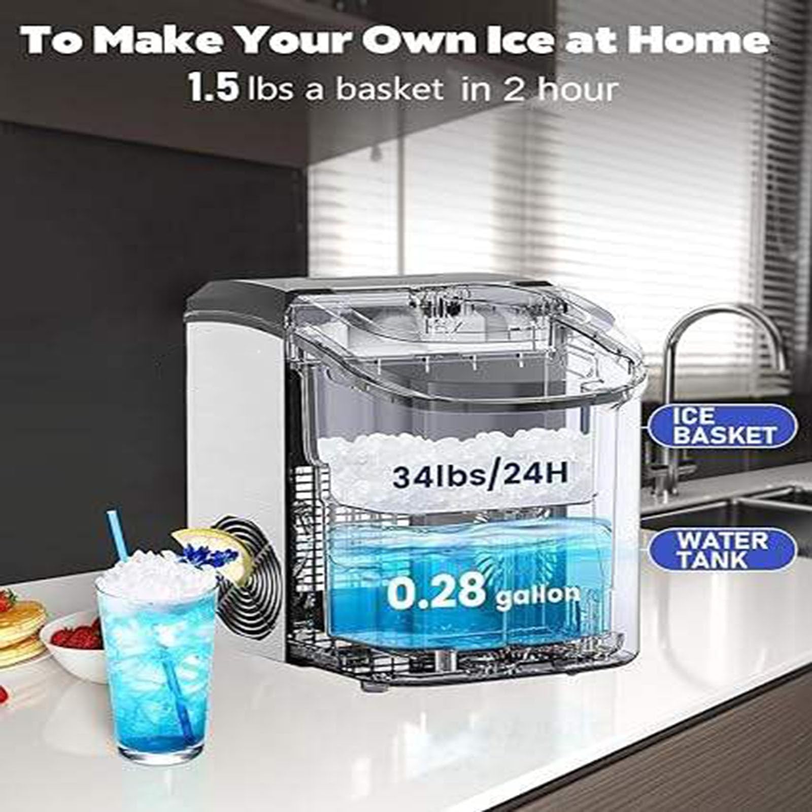 Máquina de hielo portátil, autolimpiante, 15 kg/24 h, cesta y pala para hielo incluidas, hace 9 cubitos de hielo en 6 minutos, compacta para el hogar, la cocina, la oficina y la autocaravana.