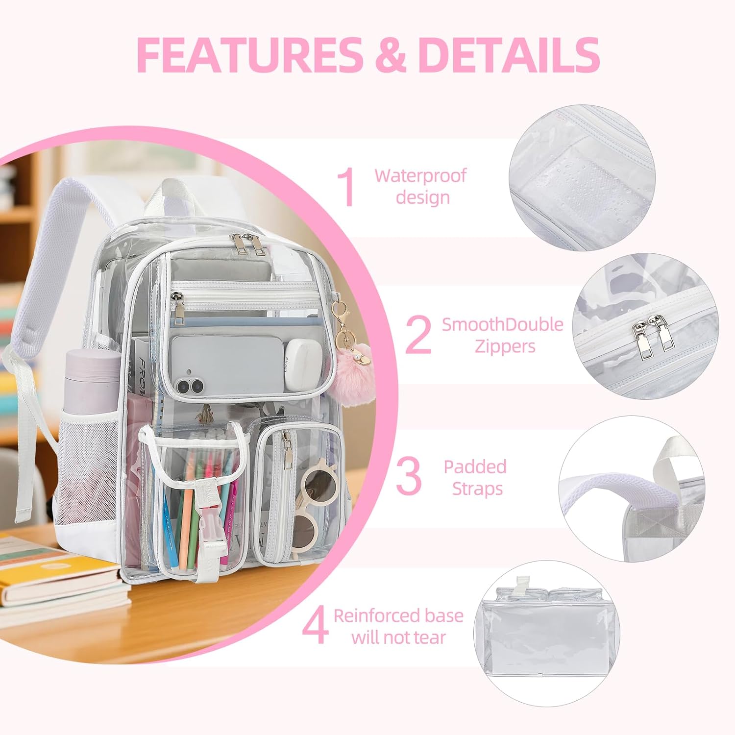 Clear Backpacks for Girls Women, Heavy Duty PVC Transparent School Bookbag See Through Back Pack for College Work Travel (White)