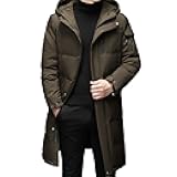 DGHM-JLMY Men's Mid Length Down Jacket Long Hooded Padded Puffer Jacket Full Zip Up Windproof Jacket Winter Coat