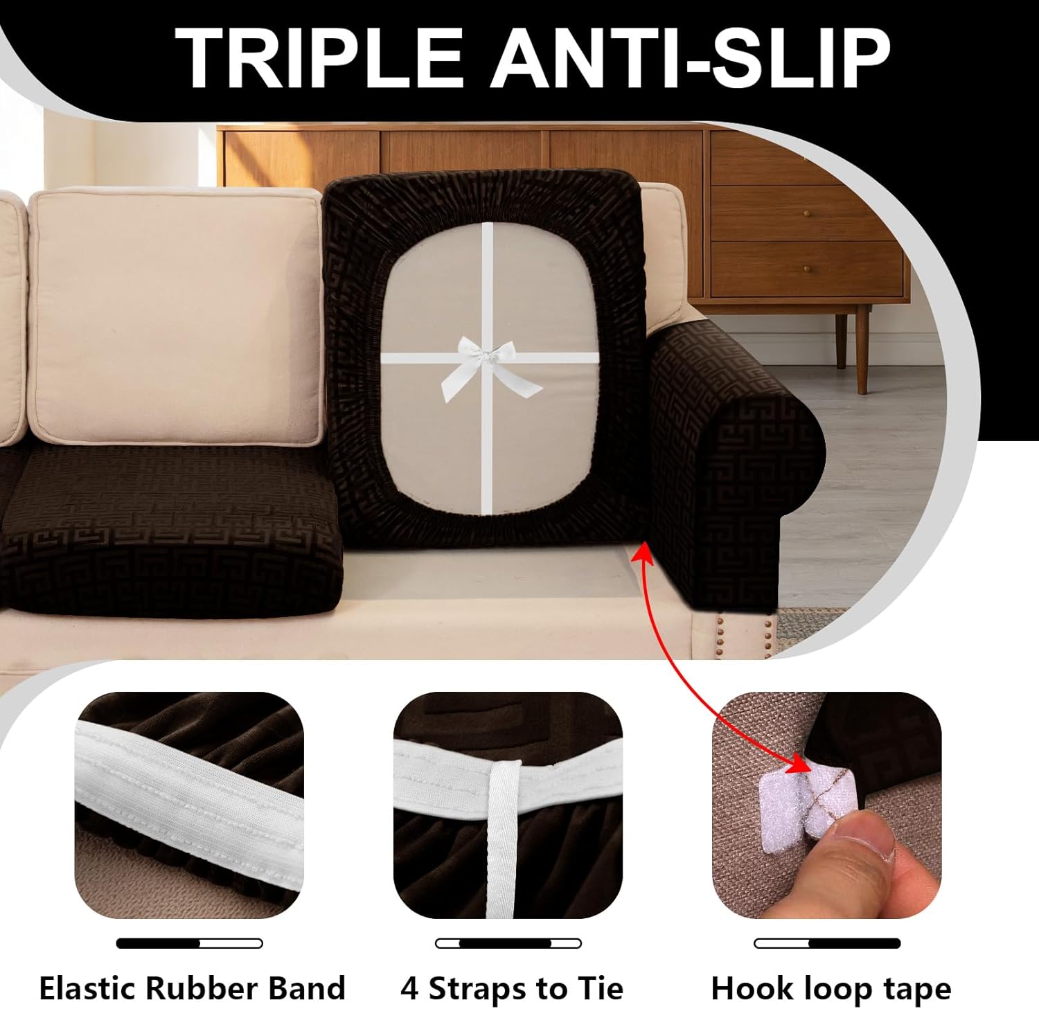 UNBBRRL Stretch Couch Seat Cushion Cover for U-Shaped Modular Sectional Couch, Velvet Anaglyph Upholstered Cover for Sofa Bed with Deep Double Chaise with 4 Ties (Dark Coffee,1 Piece Chaise)