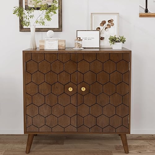 Miniatura 9 de COSIEST Aparador de bufé gabinete de cocina MDF con almacenamiento gabinete de barra de café vintage con puertas de vidrio y estante ajustable para