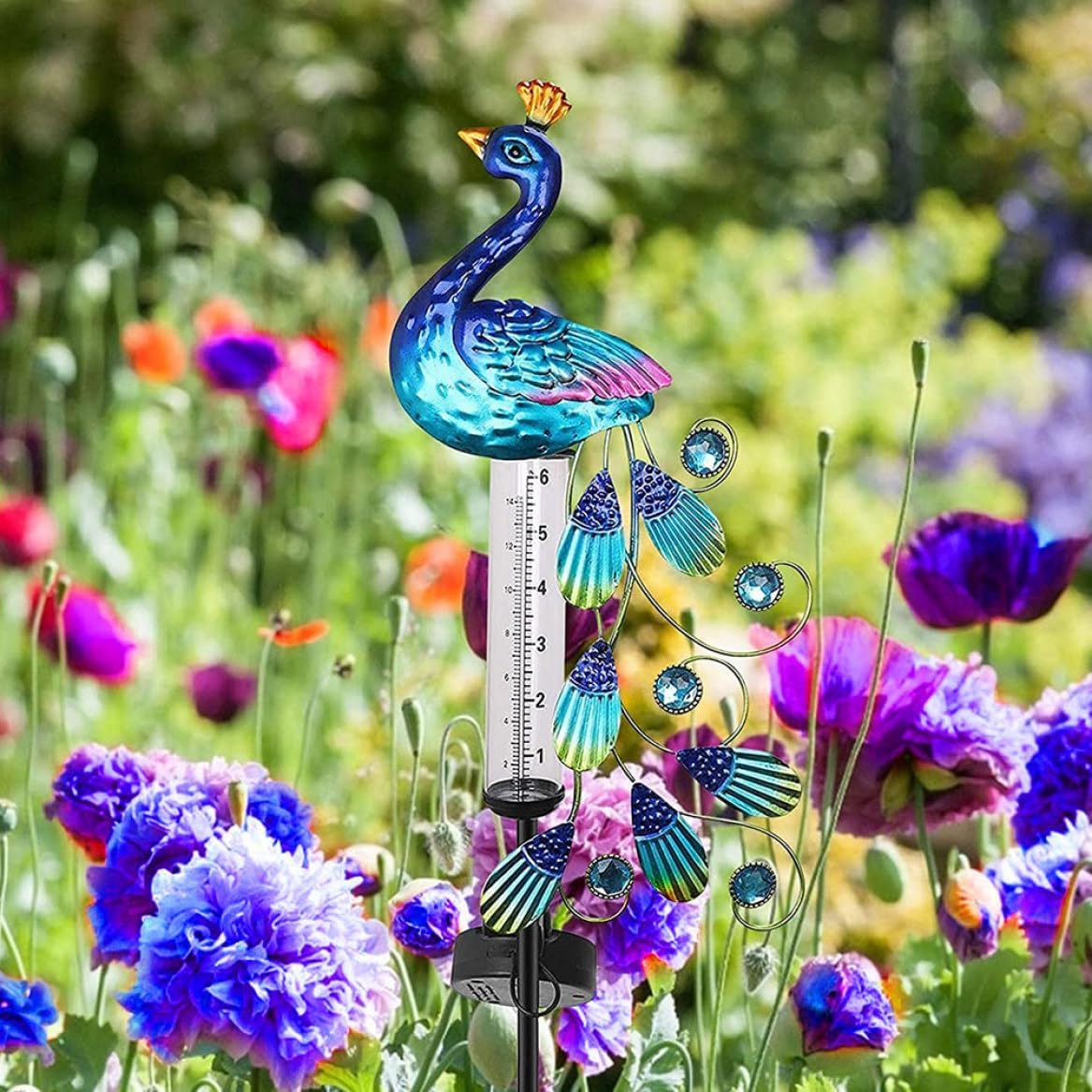 Rain Gauge Light Solar Powered Metal Peacock Garden Stakes Waterproof Yard Decorations Solar Powered Rain Gauge Metal Rain Gauge Rain Gauge Decorations