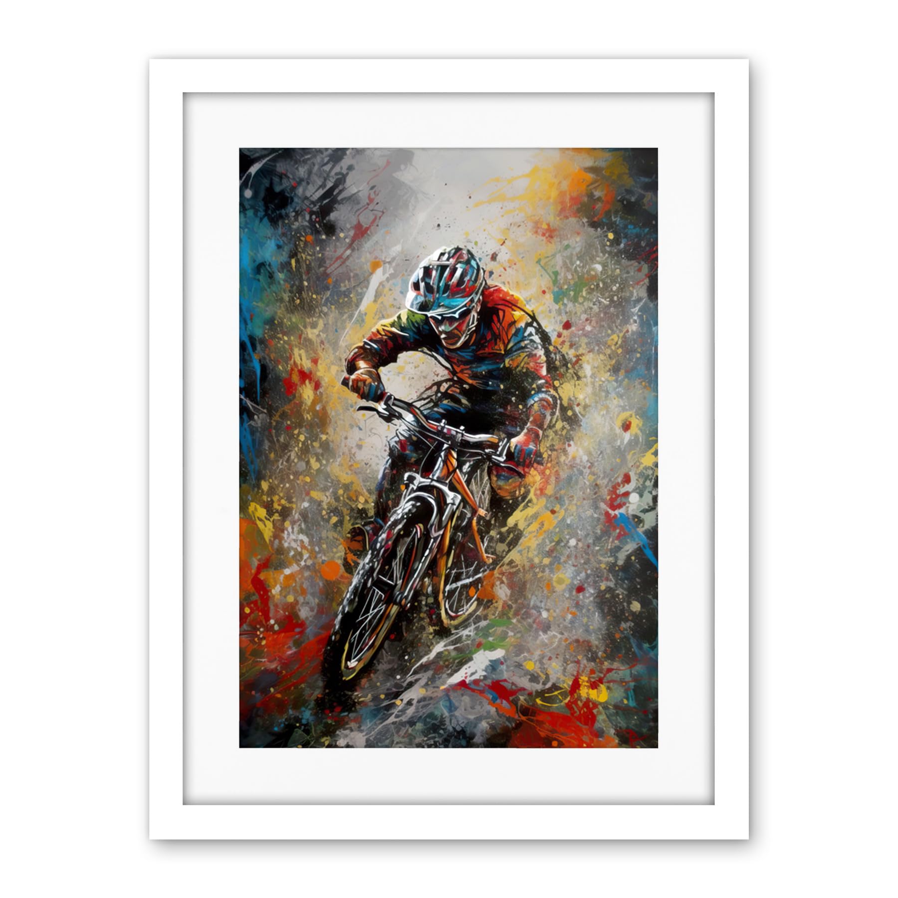 Artery8 Mountain Biker Paint Splat Action Shot Portrait Artwork Framed Wall Art Print 18X24 Inch