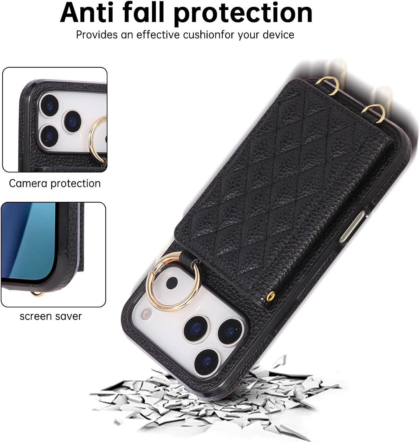Leather Card Holder Case for iPhone 17/17 Air/17 Pro/17 Pro Max, High-end Diamond Pattern Cover with Hanging Ring & Shock Protection(Red,17)