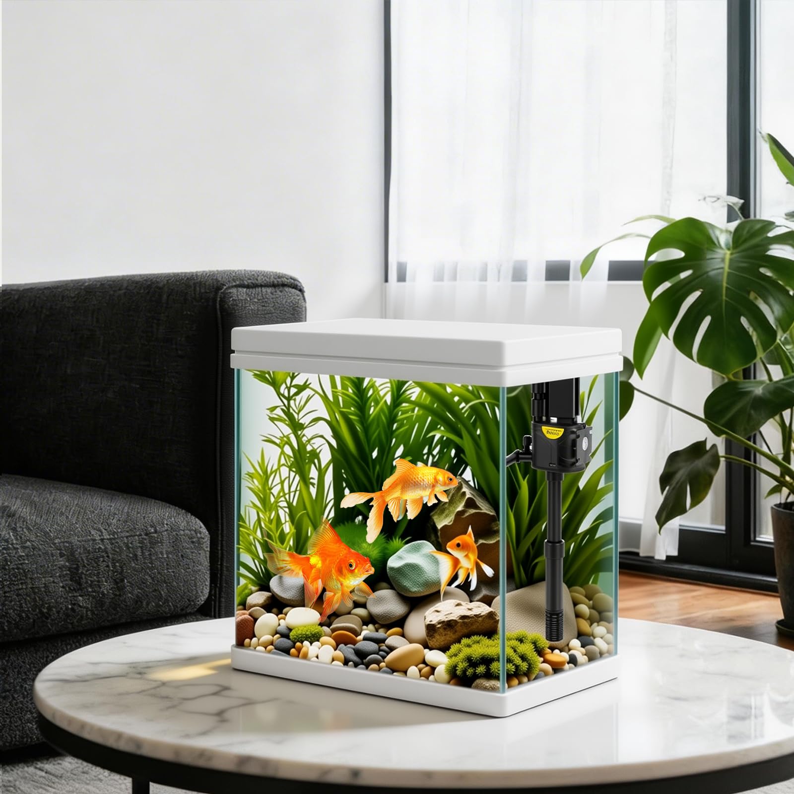 Petit aquarium en verre de 17 l avec filtre et lumière, kit tout-en-un carré en verre avec pompe pour poissons rouges, betta, crevettes, blanc (XM-320)
