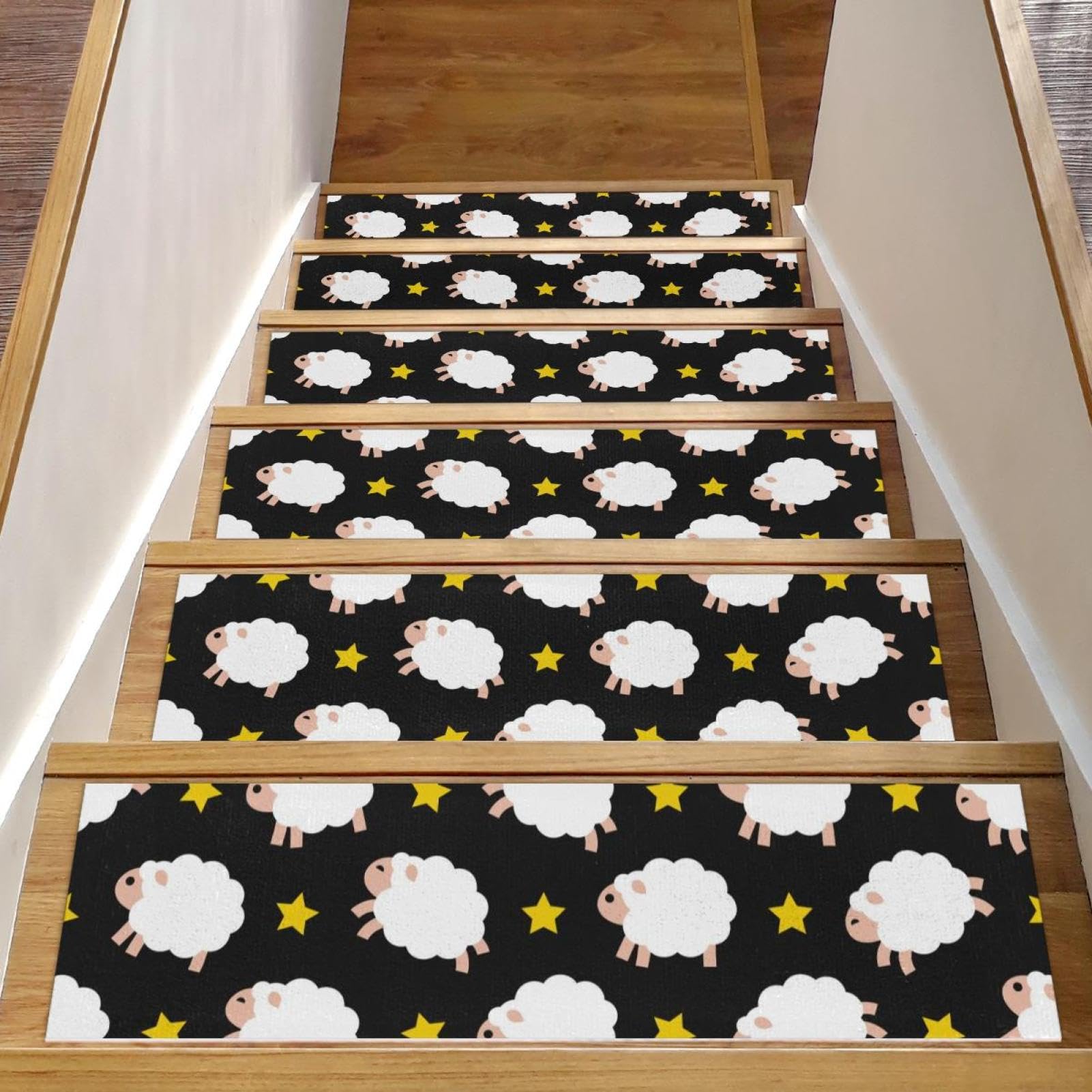 Tapis d'escalier antidérapants lot de 15 marches bois motif mouton 76x20 cm