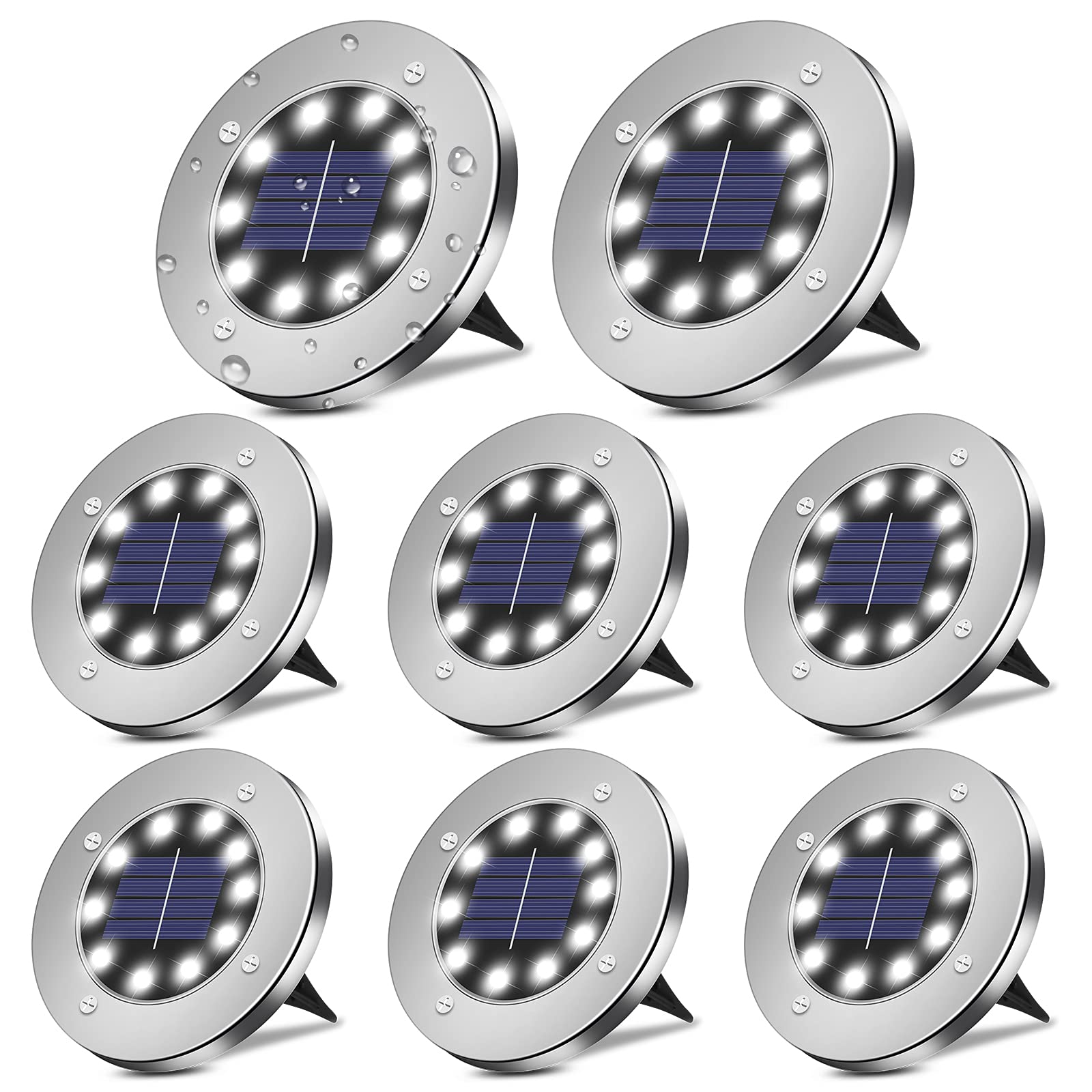 Lot de 8 lampes solaires d'extérieur lumineuses 10 LED pour jardin, terrasse, allée, escalier et allée, blanc chaud
