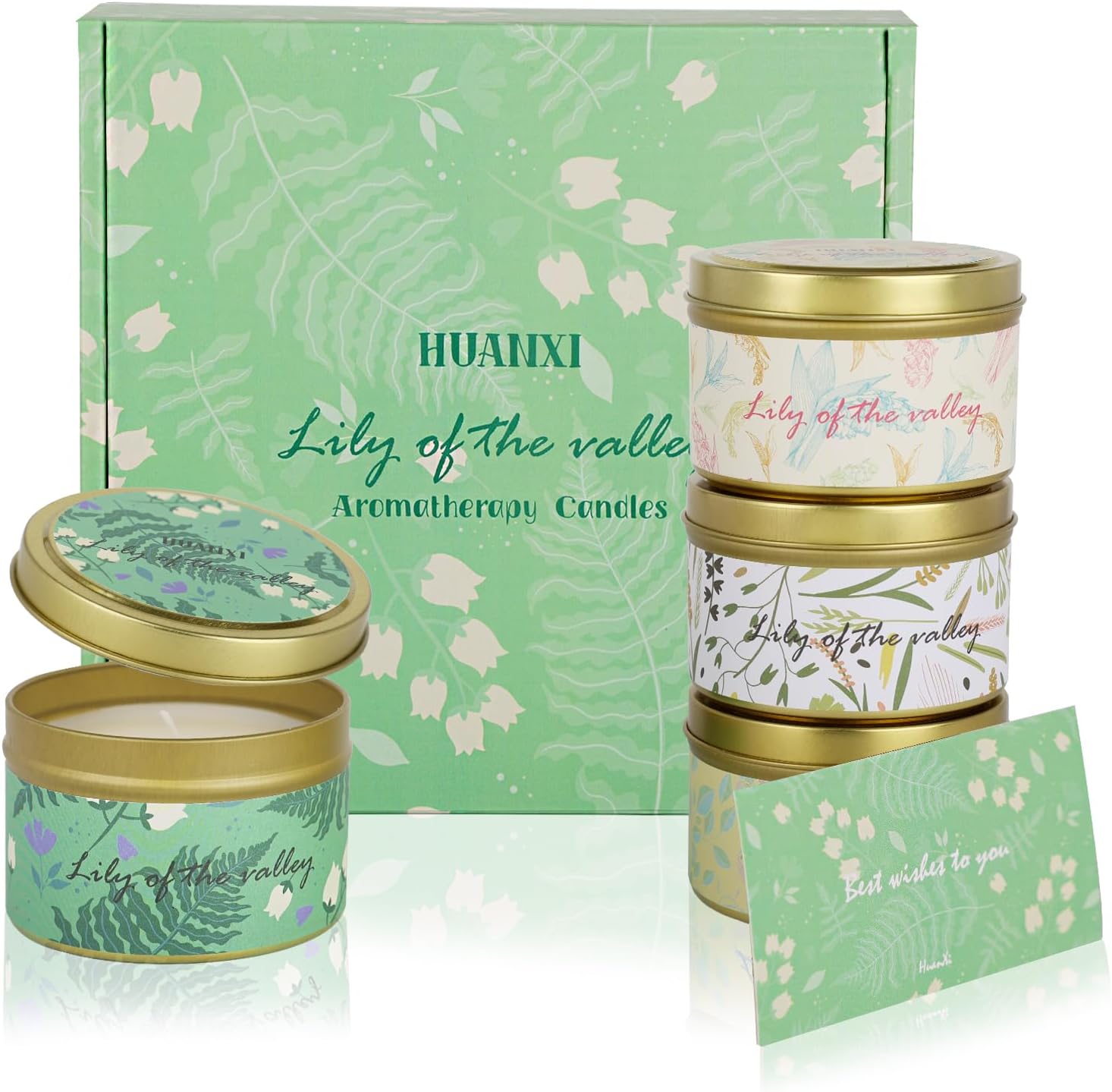 HUANXI Lily of The Valley Sage Scented Candles Gift Set, 32oz Travel Tin Jar Candles for Home, 4 Pack Soy Wax Aromatherapy Candle Set, for Christmas, Birthday, Thanksgiving, Mother’s Day with Gift Box