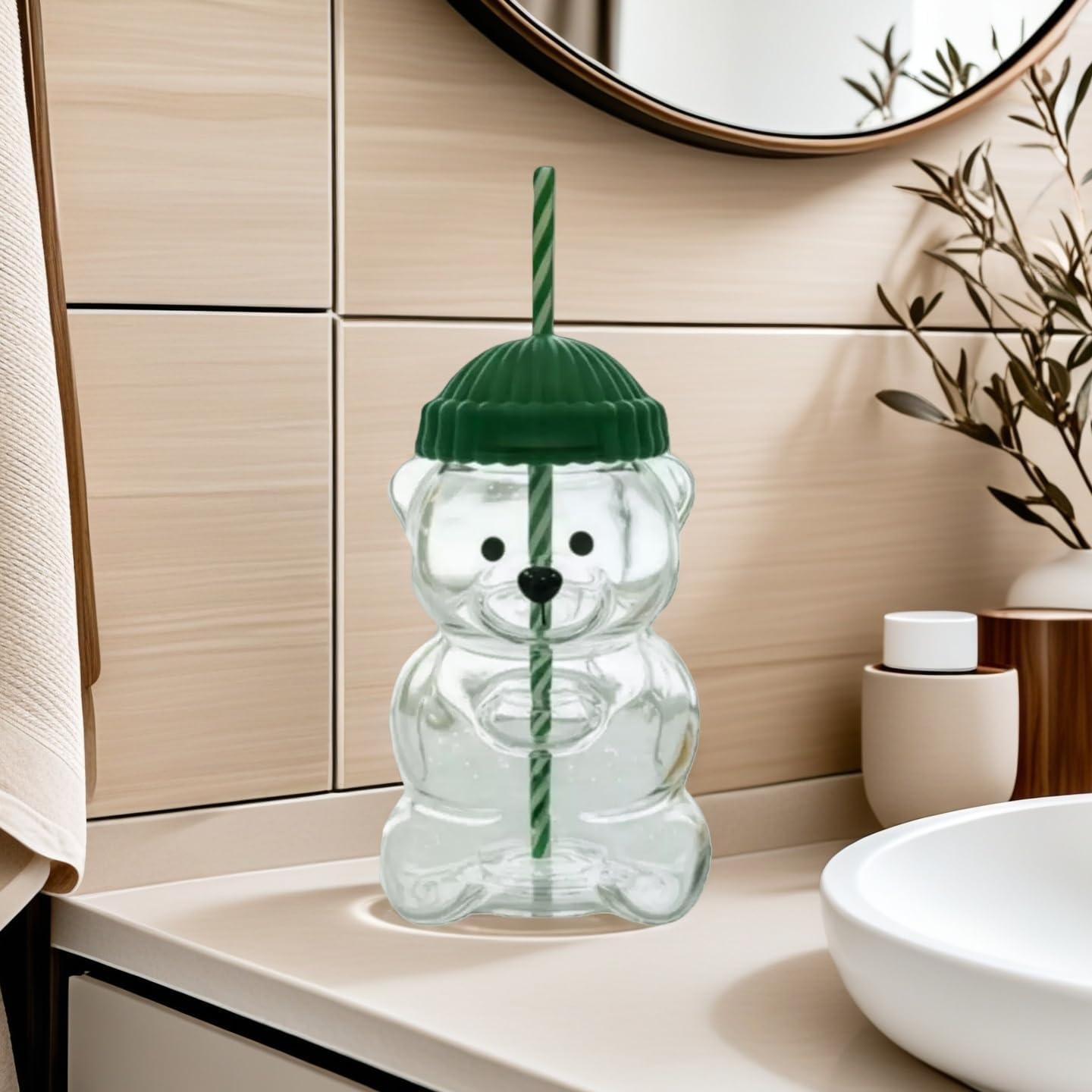 New 20 ozCute Bear Sucker Cup with Lid Straw Glass, Glass Bear Cup, Bear Straw Cup, Coffee, Beer, Red Wine, Cocktail Beverages Glass Utensils, Friend Gift (green-B)