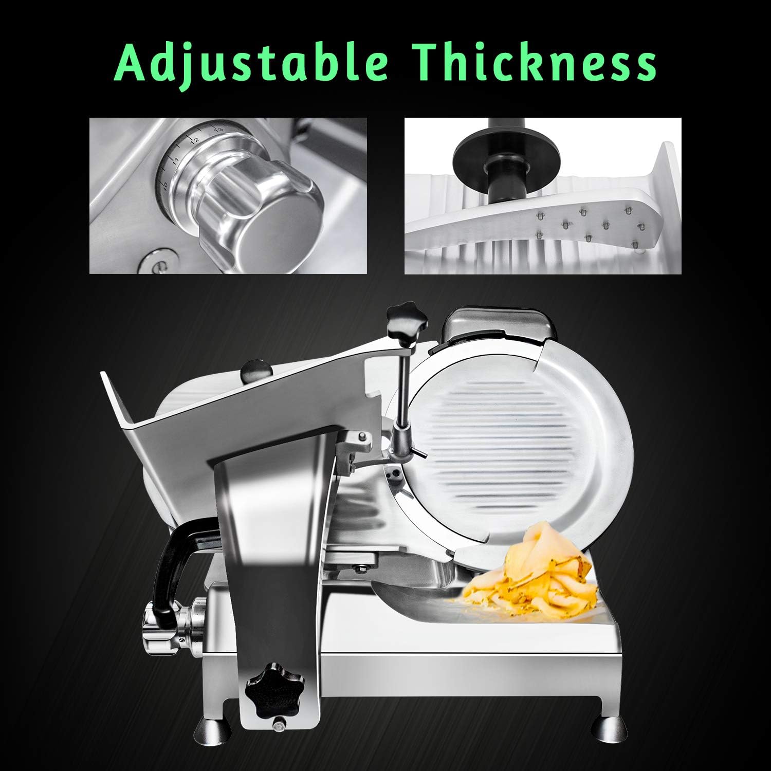 KITMA KMSL-12HD Electric Deli Food Slicer specifications table and dimensional drawing.