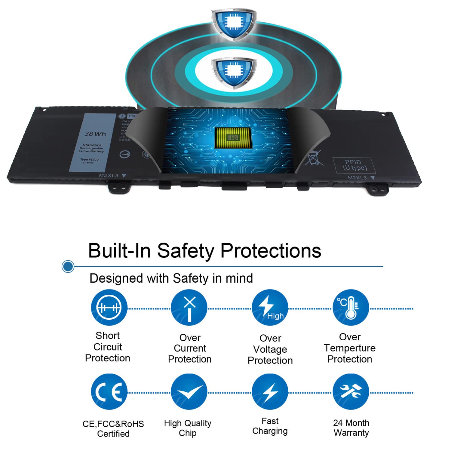 38Wh F62G0 Battery for dell inspiron 13 7000 7373 7386 7370 39DY5 2 in 1 7380 5370 P83G P83G001 P91G P87G P91G001 P83G002 P87G001 Vostro 5370 F62GO RPJC3 39DY5 039DY5 0RPJC3 0F62G0 CHA01 11.4V 3-Cell