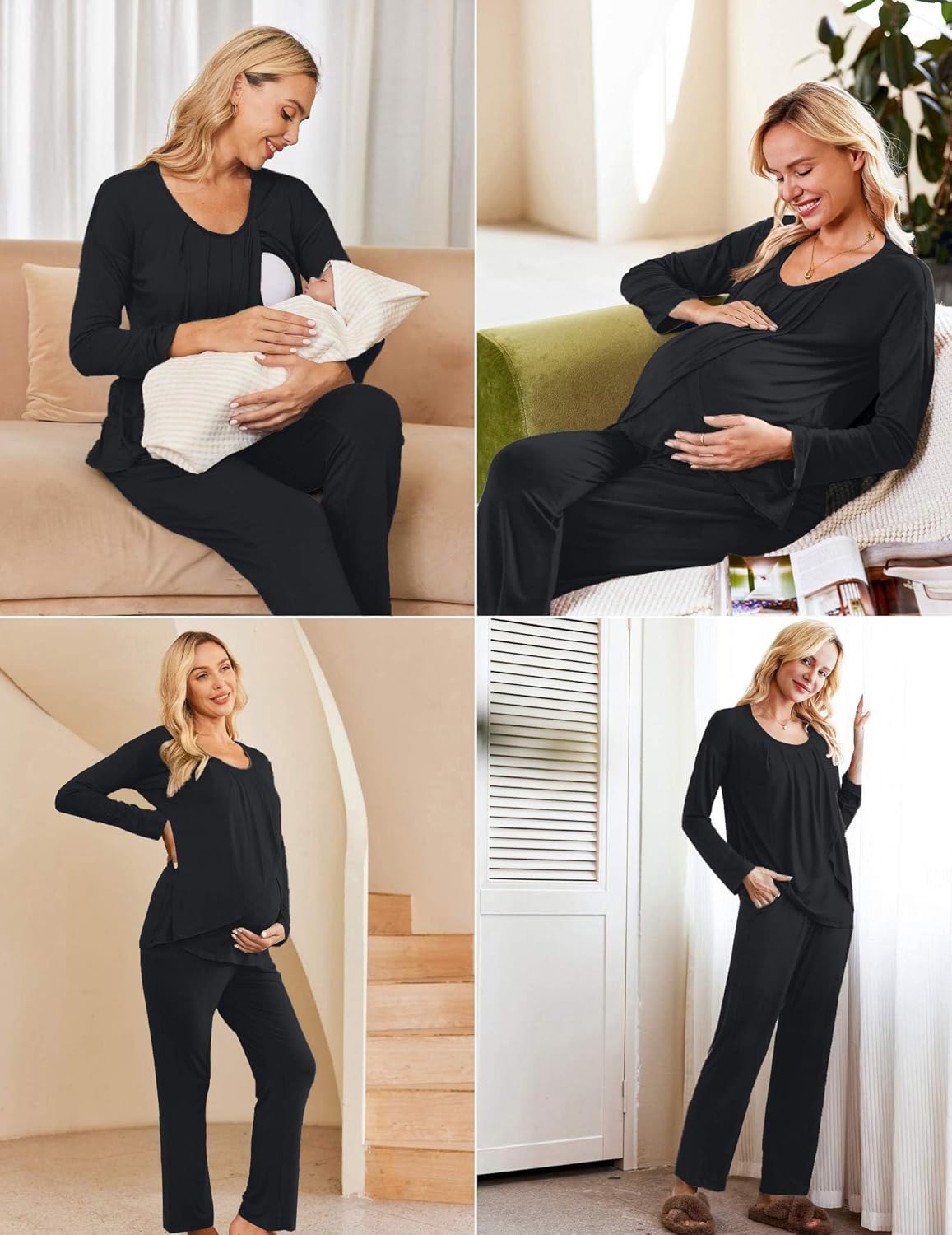 Ekouaer Maternity Nursing Pajama Set Long Sleeve Top & Pants with Pockets Breastfeeding Sleepwear Double Layer Pregnancy - Image 5