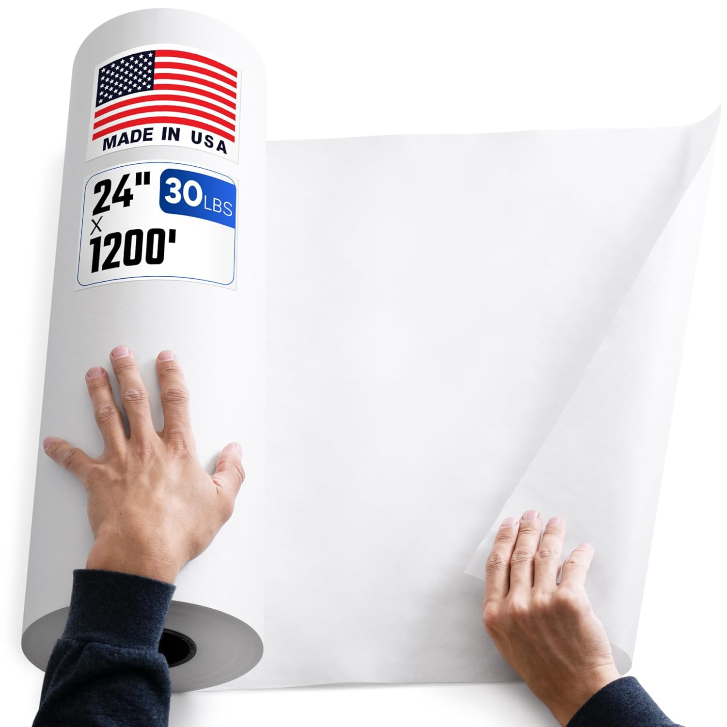 24" x 1200' White Wrapping Kraft Paper, 30 Lbs Standard Grade – Made in USA Large Roll of White Paper, Fits Industrial Dispensers – Ideal for Packaging, Void Filling, Shipping, or School Projects