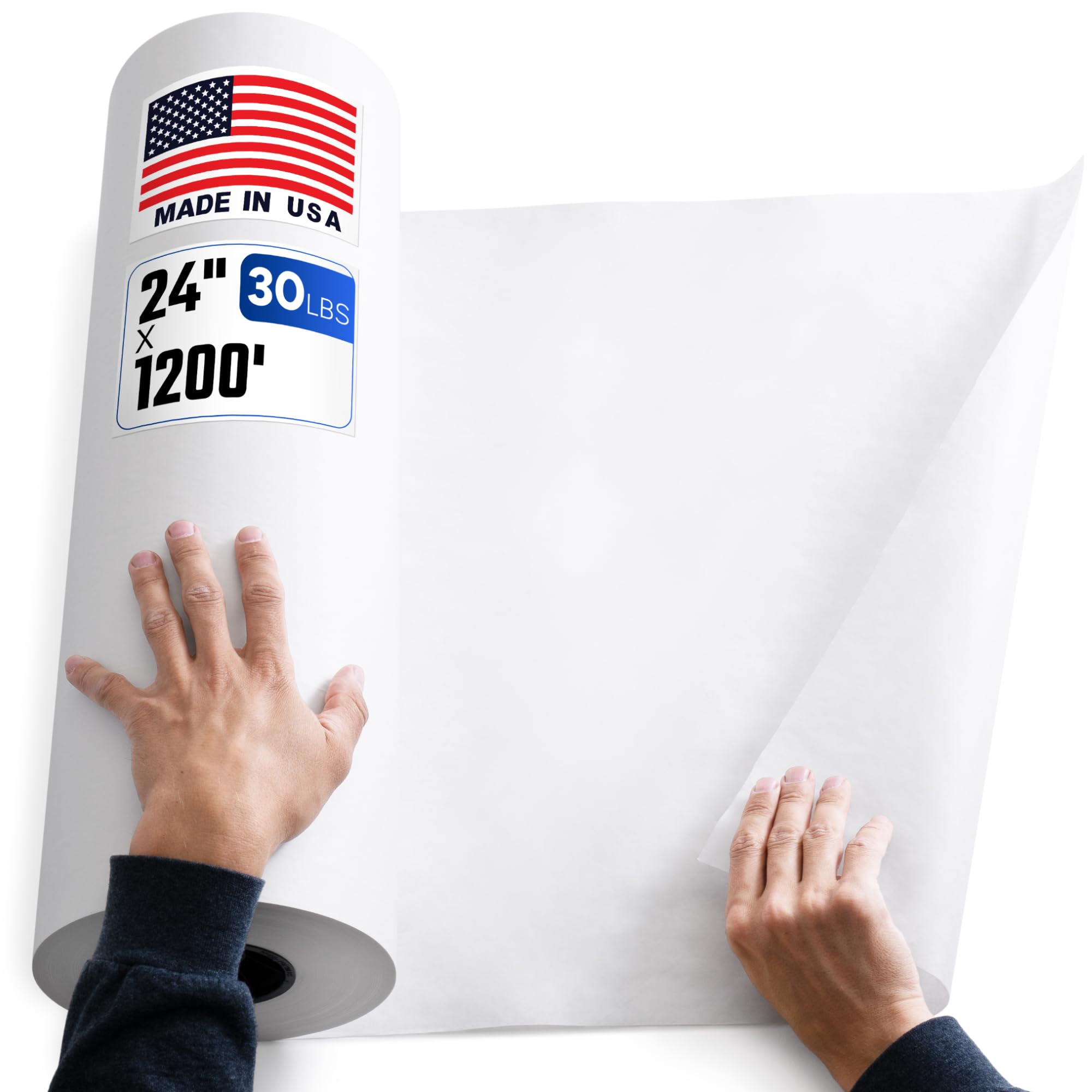 Grand rouleau de papier cadeau blanc de 61 cm x 300 m, qualité standard de 13,6 kg – Fabriqué aux États-Unis – Convient aux distributeurs industriels – Idéal pour l'emballage, le remplissage