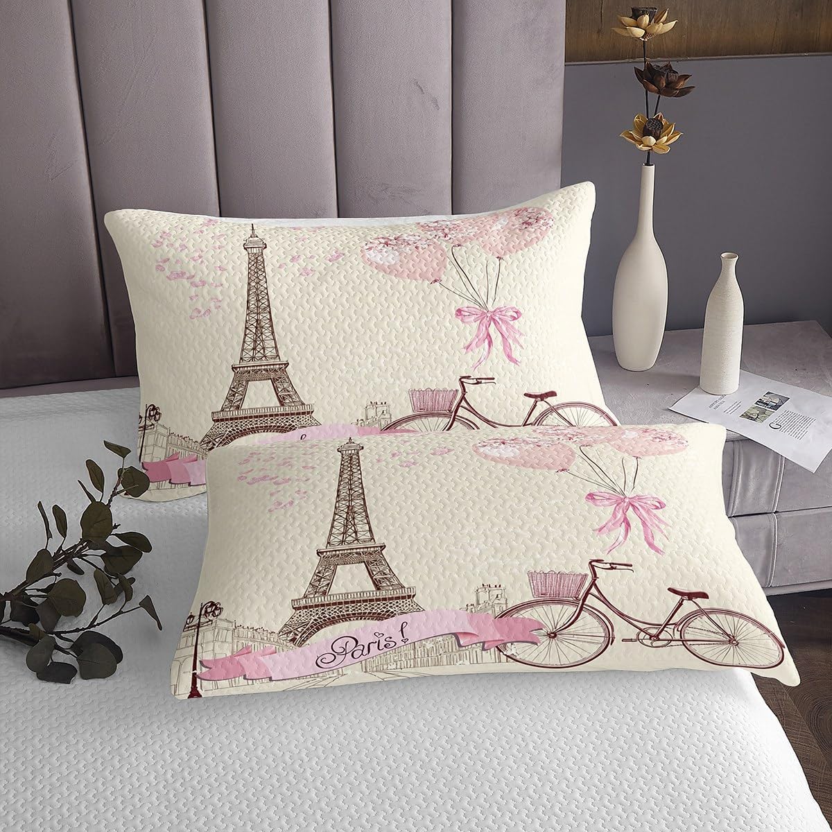 Erosebridal Eiffel Tower Bedding Set Paris Cityscape Coverlet Set King Size,Romantic Theme Decor for Adult Lady Couple Bedspread Dirt Bike Quilt Set,City Building of France Bedroom Decor Ivory Pink