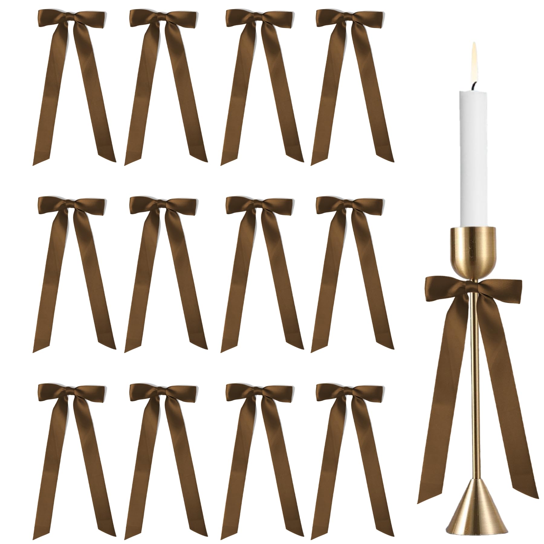Photo 1 of 12 Pcs Brown Bows for Candlestick 10 Inch Big Coquette Satin Ribbon Bow Decorations for Gift Wrapping Candle Holder Wedding Bridal Shower Birthday Christmas Party Home Decor