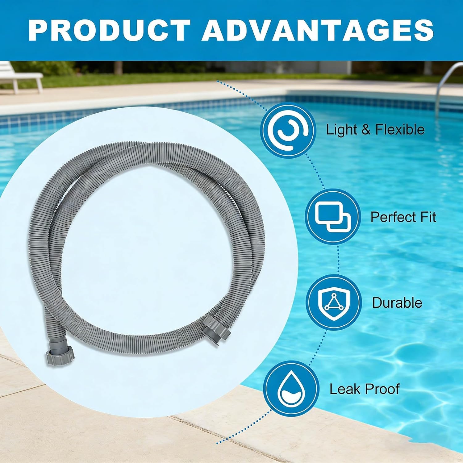 Pool Filter Pump Hose Replacement for Above Ground Pools, 1.5 Inch Diameter x 9.8 Foot Length, Compatible with 330/530/800 Gal/Hour Filter Pumps and 1000 Gal/Hour Sand Filter, Part Number BW58368