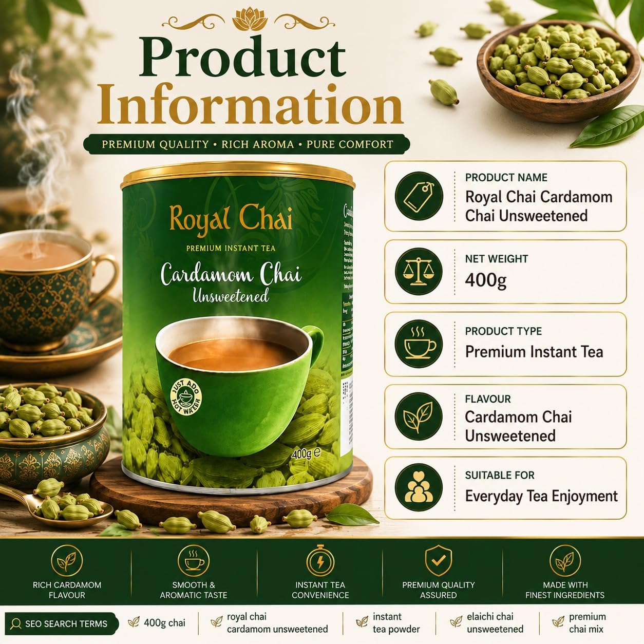 Royal Chai Elaichi ungesüßte Dose 400g (6 Stück) - Premium Instanttee - Kardamom Tee - Natürlich - Sofortkardamom Indianer Tee