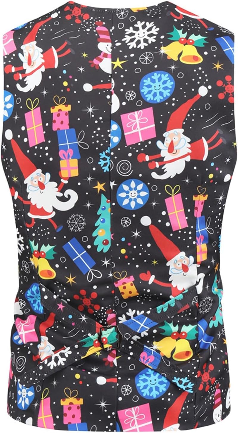 Mens Christmas 3-Piece Tuxedo Set Long Sleeve Prints Tux Jacket Vest Pants with Bow Tie Christmas Party Suits