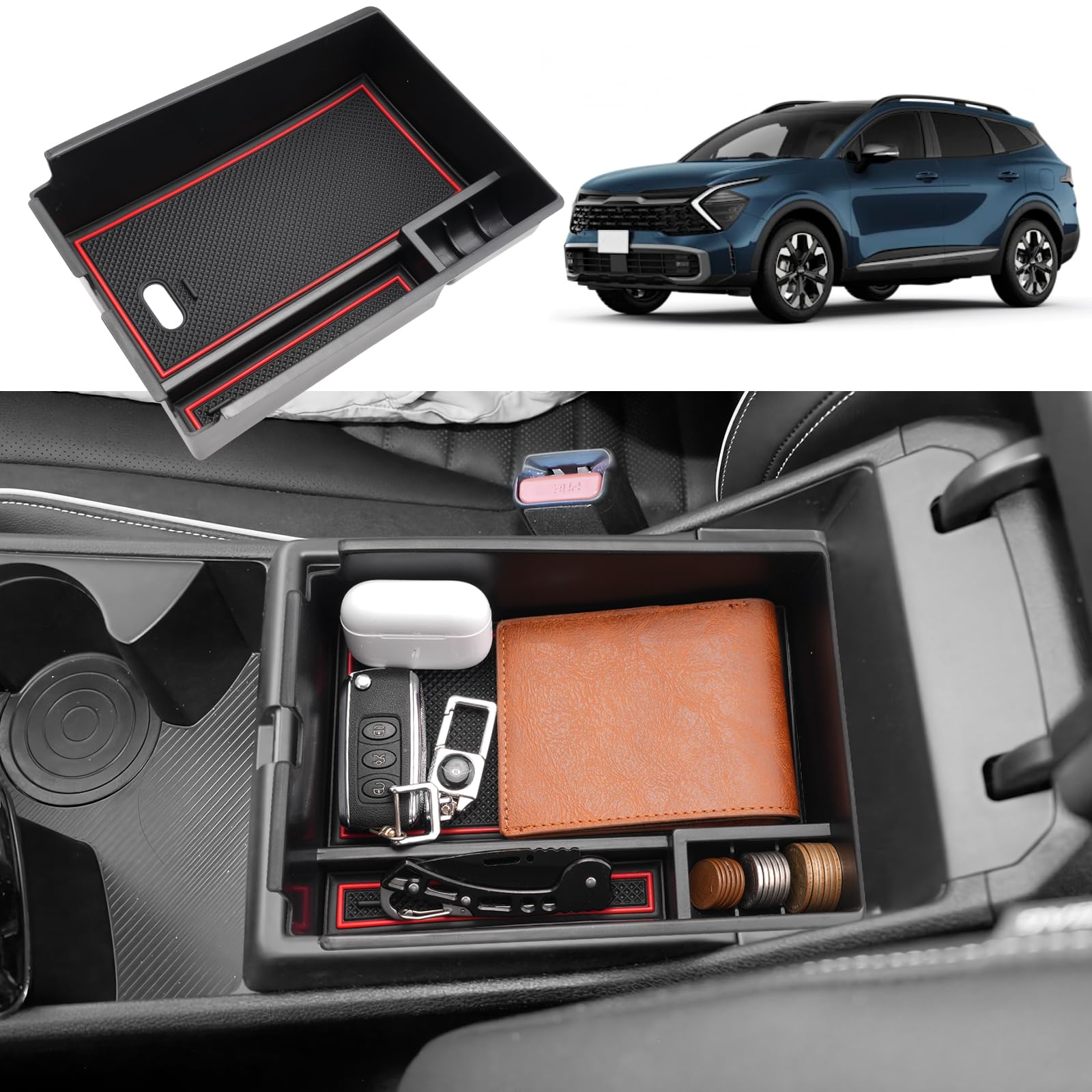 Schowek na podłokietnik kompatybilny z Kia Sportage NQ5 2022-2024 (AT), schowek na podłokietnik środkowy, akcesoria do organizera Sportage NQ5 z antypoślizgową matą (czerwony)