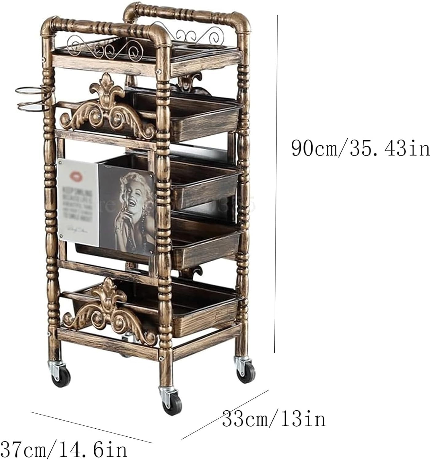 Retro Iron 5-Tier Salon Trolley Cart with Removable Drawers, Multi-Functional Beauty Spa Swivel Wheels, Rolling Storage for Salon, Spa, and Stations