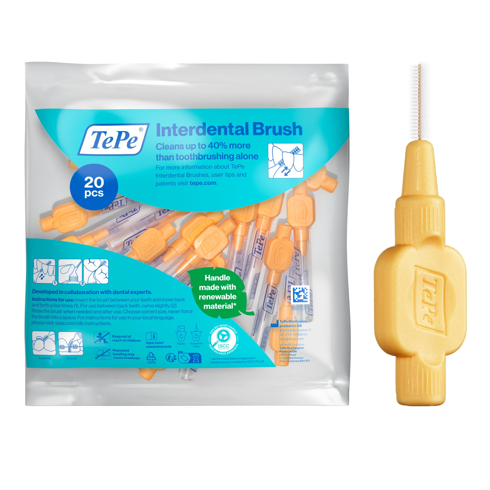 TePe Interdental Brush, Extra Soft, Orange, 0.45mm/ISO 1, 20pcs, Teeth Cleaning Plaque Removal, efficient Clean Between Teeth, for Narrow Gaps