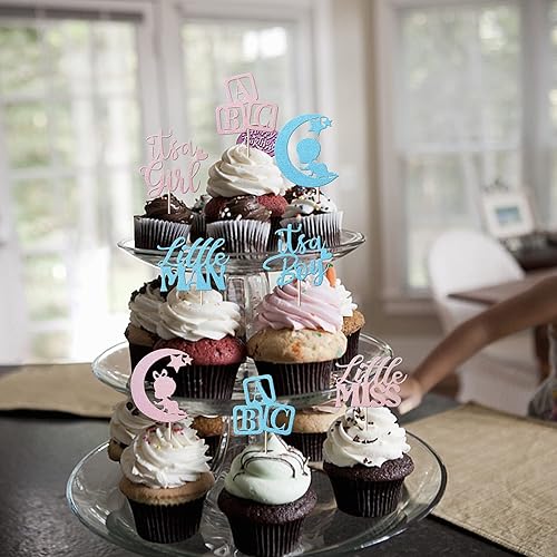 Miniatura 4 de Rsstarxi Paquete de 24 adornos para cupcakes para niño o niña, con purpurina para bebé, niña con texto en inglés "It's a Girl", decoración de