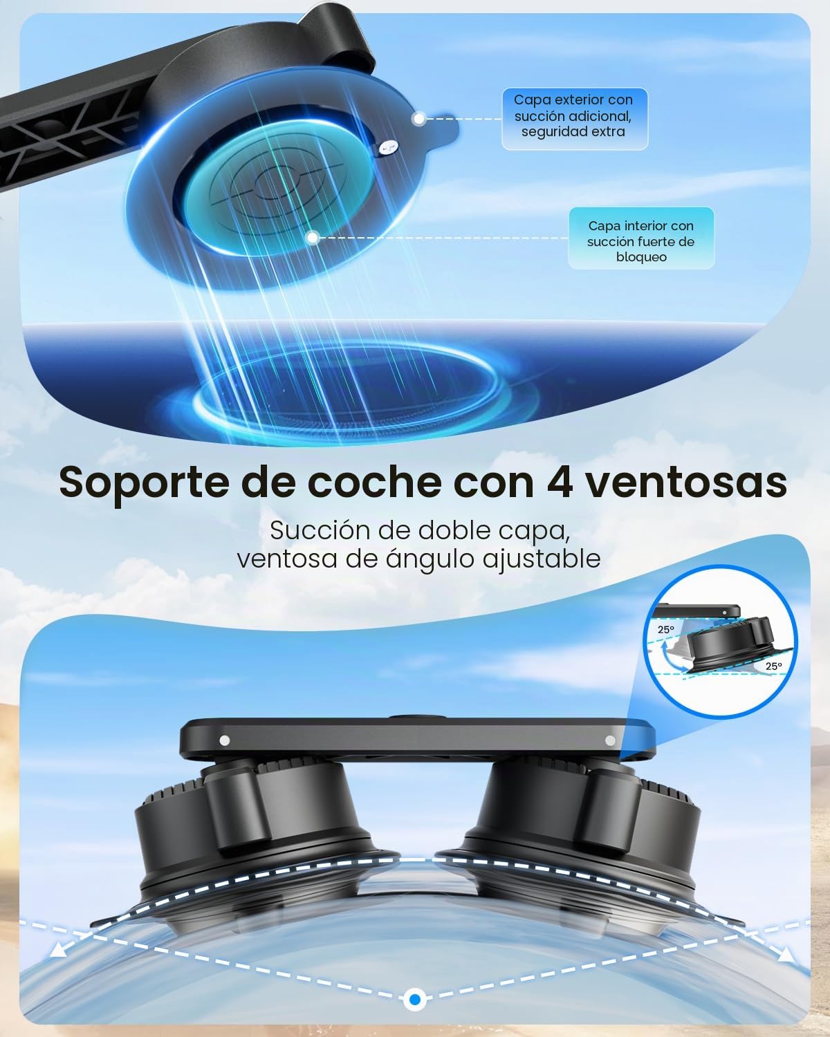 Kit Soporte Coche 4 Ventos para Insta360 X5 X4 Soportes CAM Acción | Trípode coche para Insta360 X5 accesorios, soportes cam 360 para GoPro, soporte ventosa para Osmo Action 6/5, vlog viaje