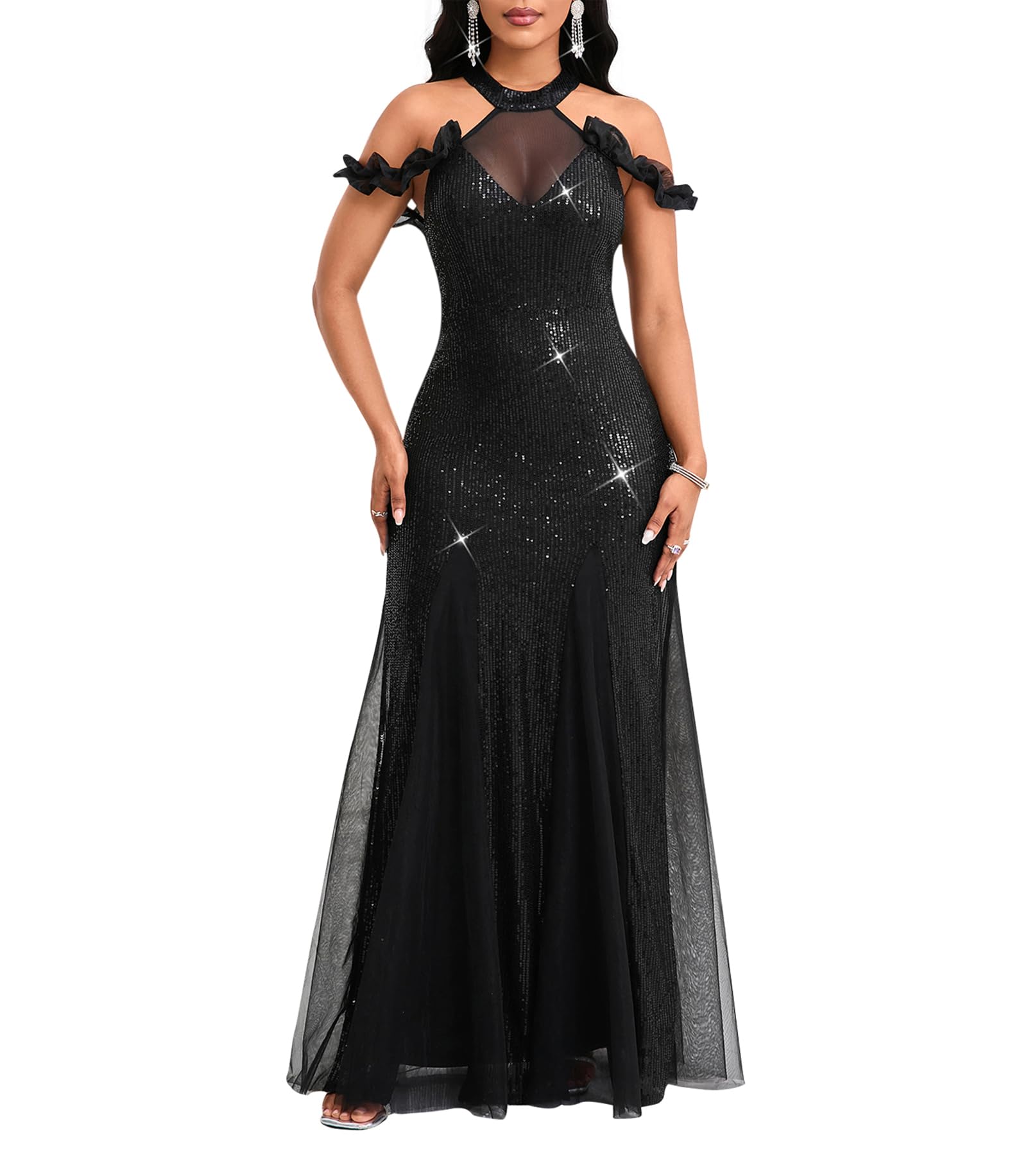 Cololura Women Sequin Halter Mesh Bodycon Formal Maxi Dress Evening Gown