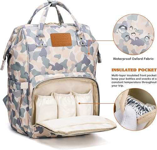 Miniatura 2 de LIMHOO Mochila para pañales para hombres y papá, bolsa de pañales de camuflaje de lona grande impermeable para el cuidado del bebé, camuflaje claro,