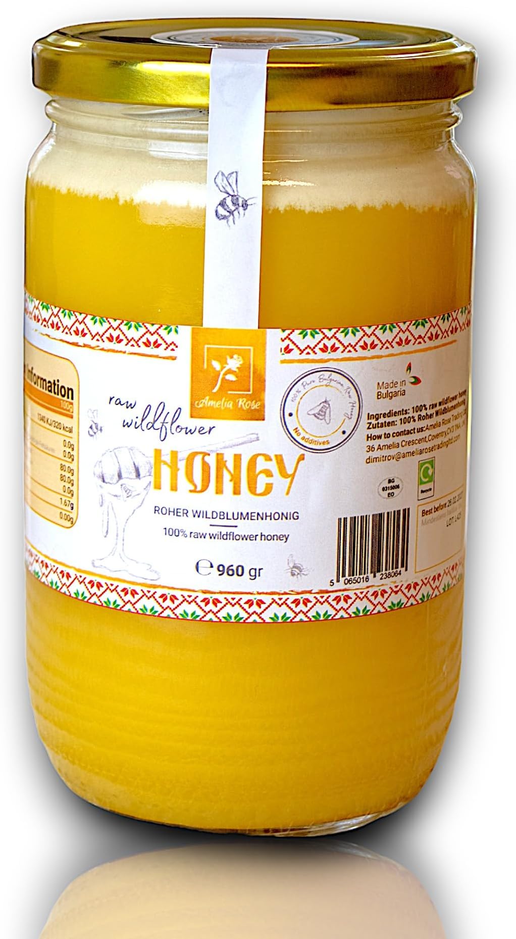 Wildflower Raw Honey by Amelia Rose | 100% Natural Bulgarian Honey | Pure, Unpasteurised & Unfiltered | Golden Floral Honey from Balkan Mountains | 960g Glass Jar