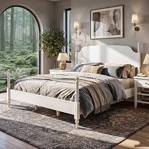 LUMISOL Spindle Post Platform Bed King Size with Storage and Curved Headboard, Vintage Wood Bed Frame, No Box Spring Needed, White